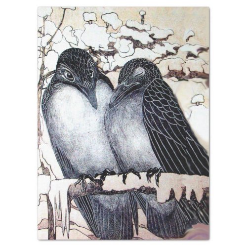 WINTER LOVE BIRDS IN SNOW Black White Tissue Paper