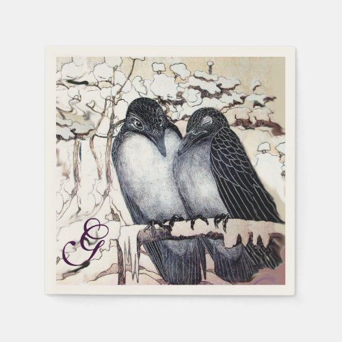 WINTER LOVE BIRDS IN SNOW MONOGRAM Black White Napkins