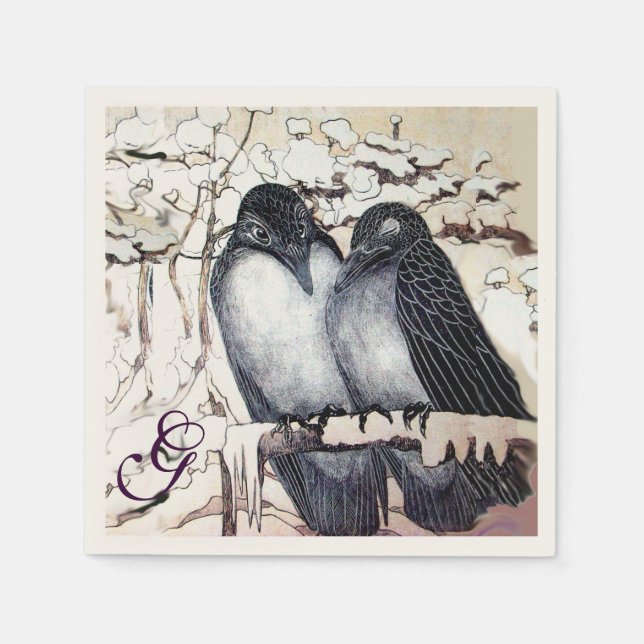 WINTER LOVE BIRDS IN SNOW MONOGRAM Black White Napkins (Front)