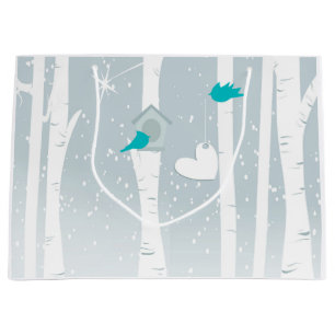 Winter Love Birds In White And Gray Large Gift Bag