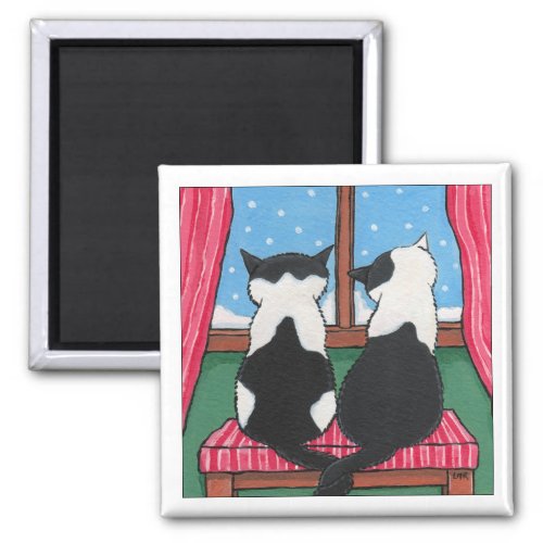 Winter Love Cats Holding Tails  Cat Art Magnet