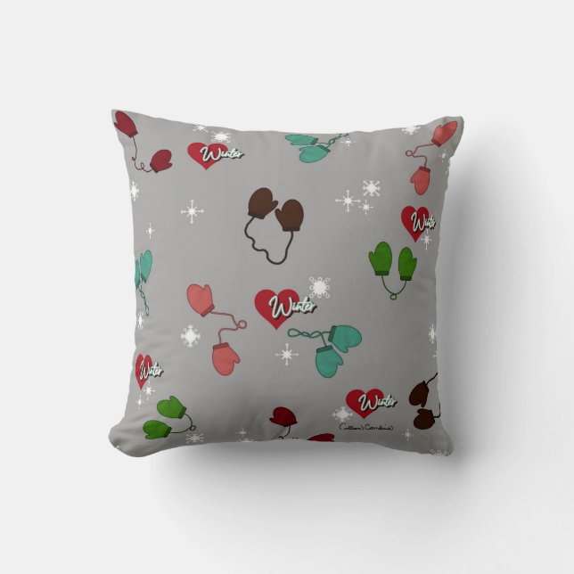 Winter Love Mittens and Snowflake Pattern on Steel Throw Pillow (Front)