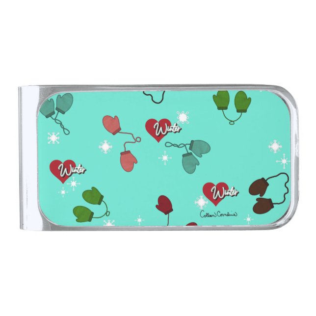 Winter Love Mittens and Snowflake Pattern Silver Finish Money Clip (Front)