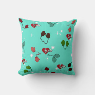 Winter Love Mittens and Snowflake Pattern Throw Pillow