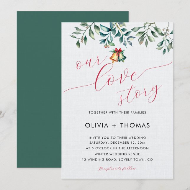 Winter Love Story Mistletoe Christmas Bell Wedding Invitation (Front/Back)