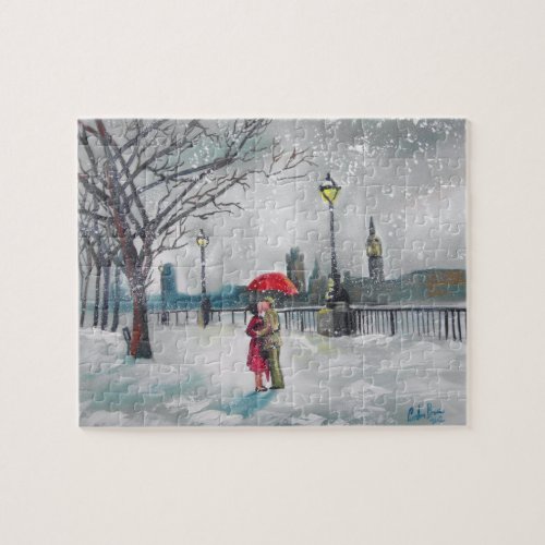 Winter lovers snow London Thames Big Ben painting Jigsaw Puzzle