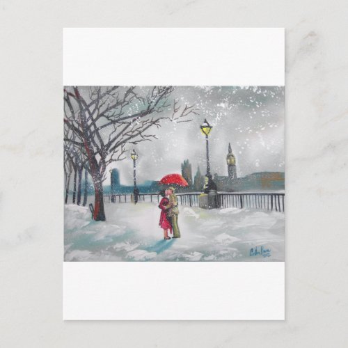 Winter lovers snow London Thames Big Ben painting Postcard