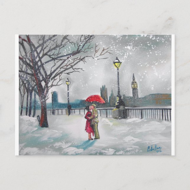Winter lovers snow London Thames Big Ben painting Postcard (Front)