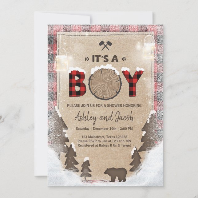 Winter Lumberjack Baby Shower Rustic boy Plaid Invitation (Front)