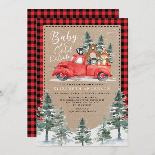 Winter Lumberjack Woodland Animals Baby Shower Invitation