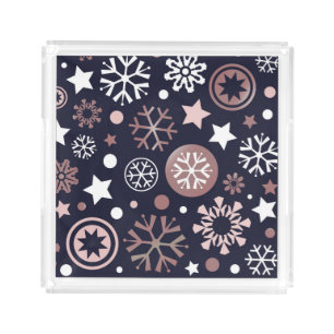 Winter luxury pink gold snowflakes in blue acrylic tray
