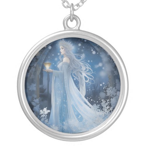 Winter Magic of the Snow Queen Painting Silver Plated Necklace