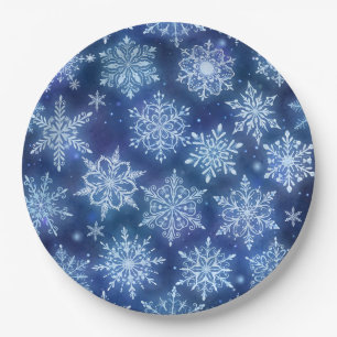 Winter Magic Snowflakes Deep Blue Sky Paper Plates