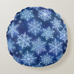Winter Magic Snowflakes Deep Blue Sky Round Pillow