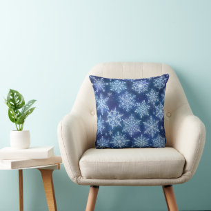 Winter Magic Snowflakes Deep Blue Sky Throw Pillow