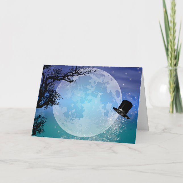 Winter Magic Snowman's Hat Full Moon Christmas Holiday Card (Front)