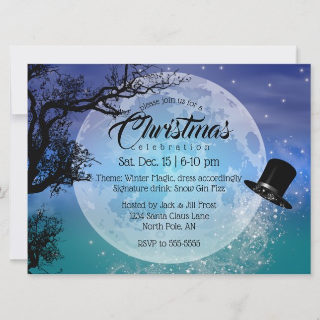Winter Magic Snowman's Hat Full Moon Christmas Invitation (Front)