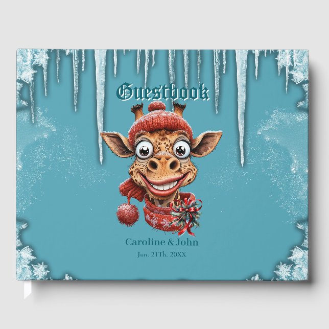 Winter magic with a cute cartoon giraffe guest book (Front)