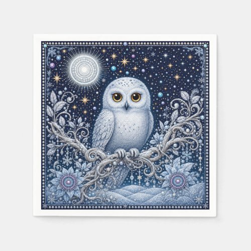 Winter Magic with Snowy Owl and Ice Flowers Napkins