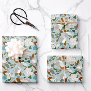 Winter Magnolia Floral Blue Gray Wrapping Paper Sheets