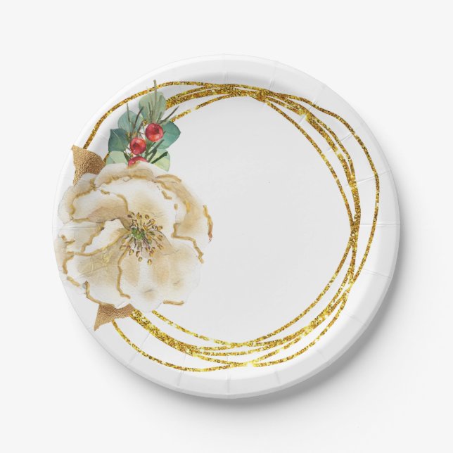 Winter Magnolia with Gold Glitter Wreath Paper Plates (Front)