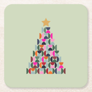 Winter Market 06 Christmas Tree Colorful Green Square Paper Coaster