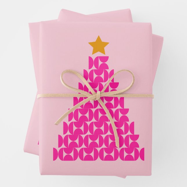 Winter Market 09 Preppy Pink Christmas Tree Wrapping Paper Sheets (In situ)