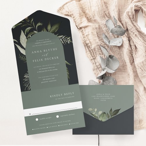 Winter Meadow Green Botanical Arch Wedding All In One Invitation