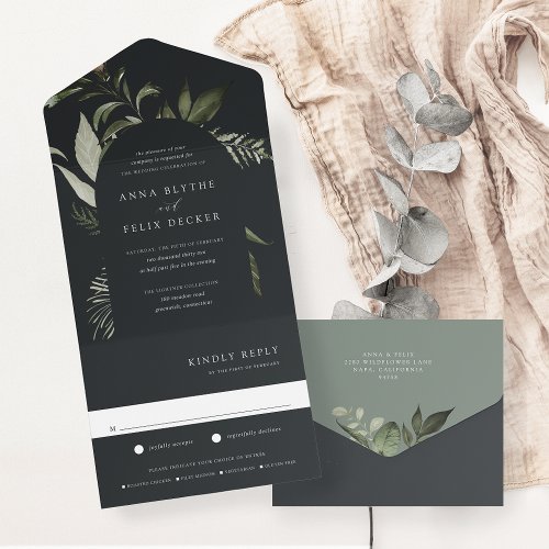 Winter Meadow Green Botanical Arch Wedding All In One Invitation