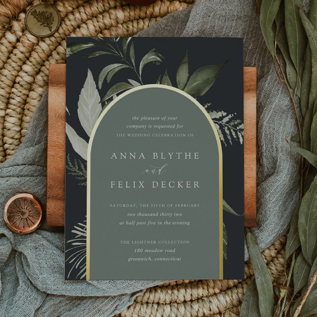 Winter Meadow Green Botanical Arch Wedding Foil Invitation (Creator Uploaded)