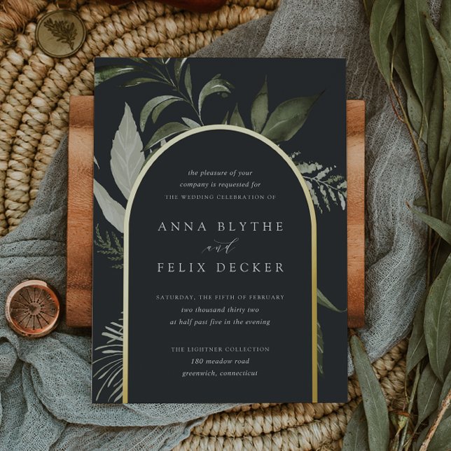 Winter Meadow Green Botanical Arch Wedding Foil Invitation (Creator Uploaded)