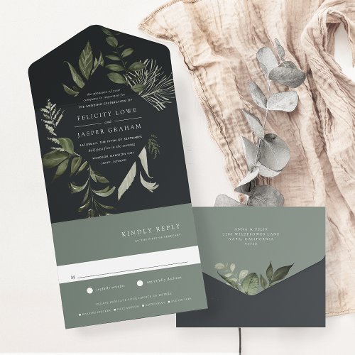 Winter Meadow Green Botanical Frame Wedding All In One Invitation