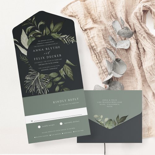 Winter Meadow Green Botanical Frame Wedding All In One Invitation