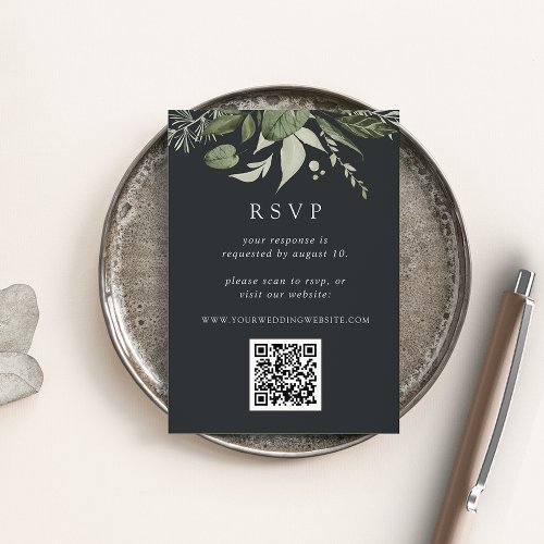 Winter Meadow Green Botanical QR Code Wedding RSVP Enclosure Card