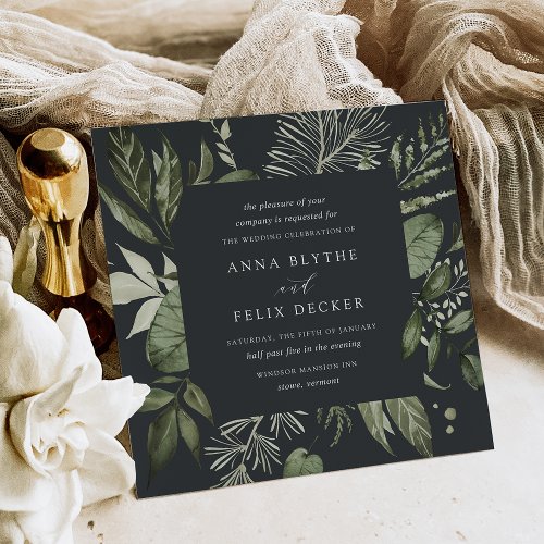 Winter Meadow Square Green Botanical Frame Wedding Invitation