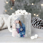 Winter Memories Snowflakes Two Photo Coffee Mug<br><div class="desc">Personalize this festive Christmas coffee or hot cocoa mug with two favorite photos and custom "Winter Memories" text.  Design features a white winter snowflake border pattern. The neutral gray background color can be customized to coordinate with your photo design.</div>