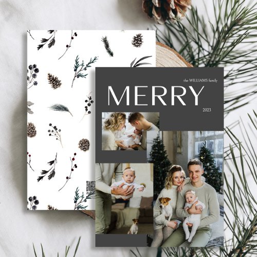 Winter Merry 3 Photo Modern Black Watercolor Holiday Card