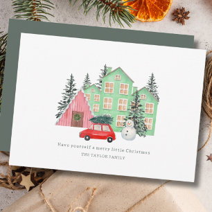winter Merry Christmas cottage watercolor cute Holiday Card