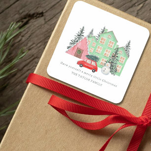 winter Merry Christmas cottage watercolor cute Square Sticker