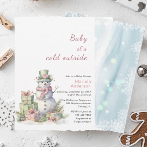 Winter Merry Christmas Snowman Watercolor Baby Sho Invitation