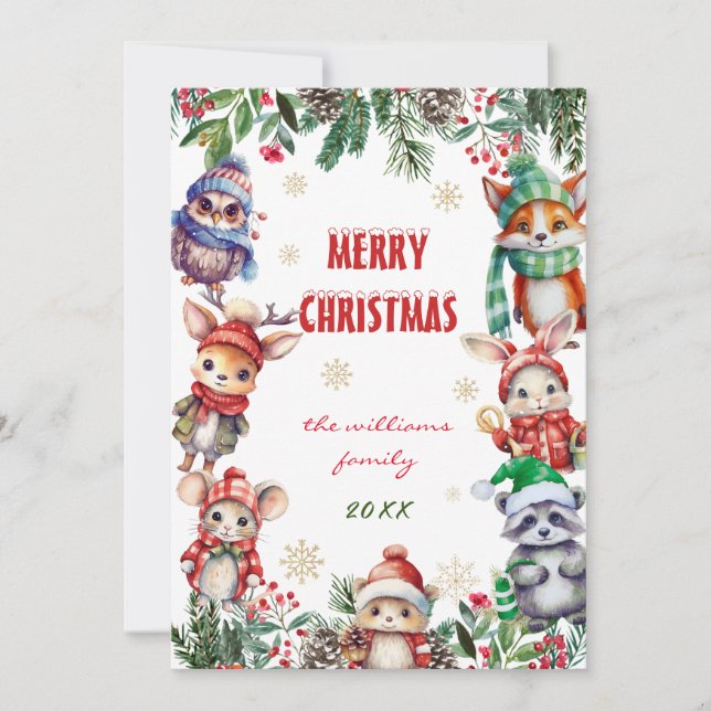 Winter Merry Christmas Woodland Animal Theme Card (Front)