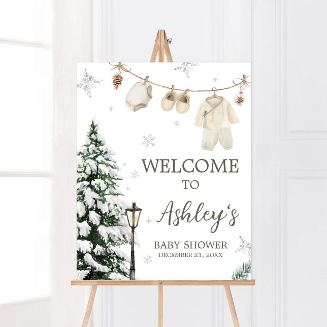Winter Merry Little Baby Clothes Welcome Poster (Merry Little Winter Baby Clothes Baby Shower Welcome Sign)