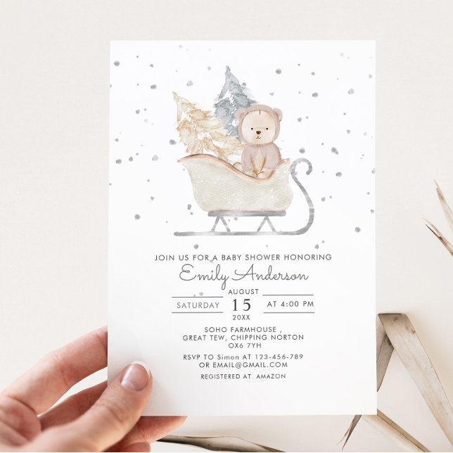 Winter Minimalist Bear Sleigh Baby Shower Invitation (Creator Uploaded)