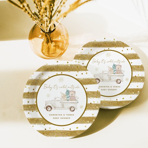 Winter Minimalist Modern Gold Baby Shower Paper Plates