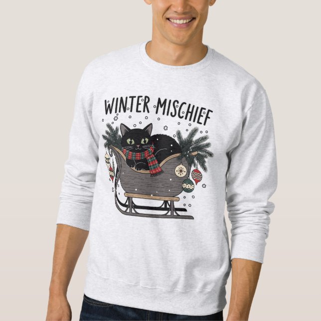 Winter Mischief (1) Christmas Cat Illustration Sweatshirt (Front)