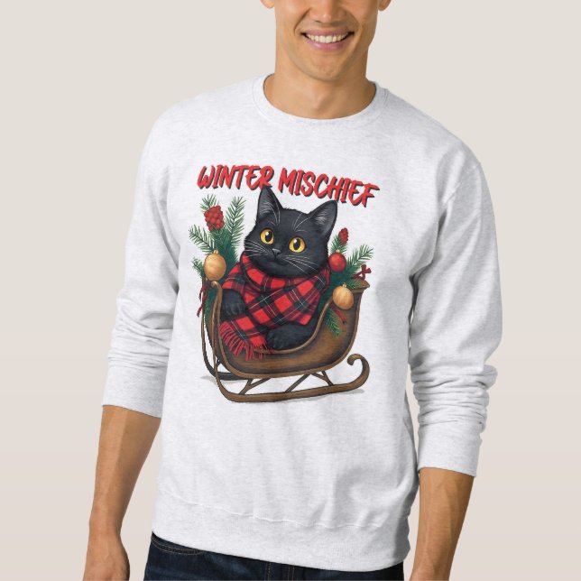 Winter Mischief (2) Christmas Cat Illustration Sweatshirt (Front)