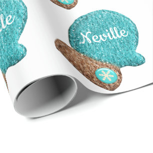 Winter mitten cute snowflake blue brown woolen wrapping paper