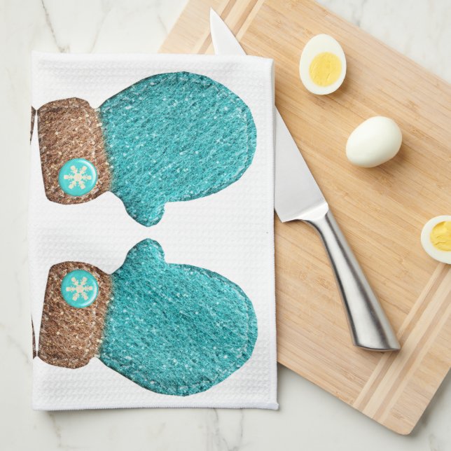 Winter mitten cute snowflake teal blue brown kitchen towel (Quarter Fold)