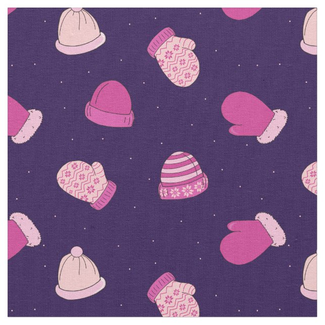 Winter Mittens and Hats Cute Pink Pattern Fabric (Close Up)