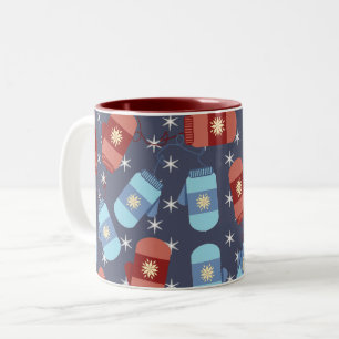 Winter Mittens and Stars Blue Pattern Two-Tone Coffee Mug